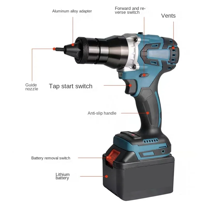 Pistolet à riveter électrique sans balais avec batterie au lithium, kit de machine à écrou, tête automatique, ensemble d'outils de rivetage, injuste