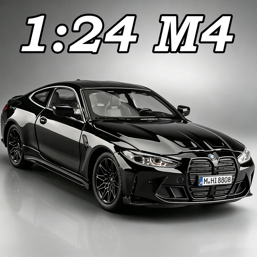 1:24 BMW M4 Miniature Car Diecast Alloy Model Toys Doors Opened Four Wheel Suspension Sound Light Pull Back Vehice Festival Gift