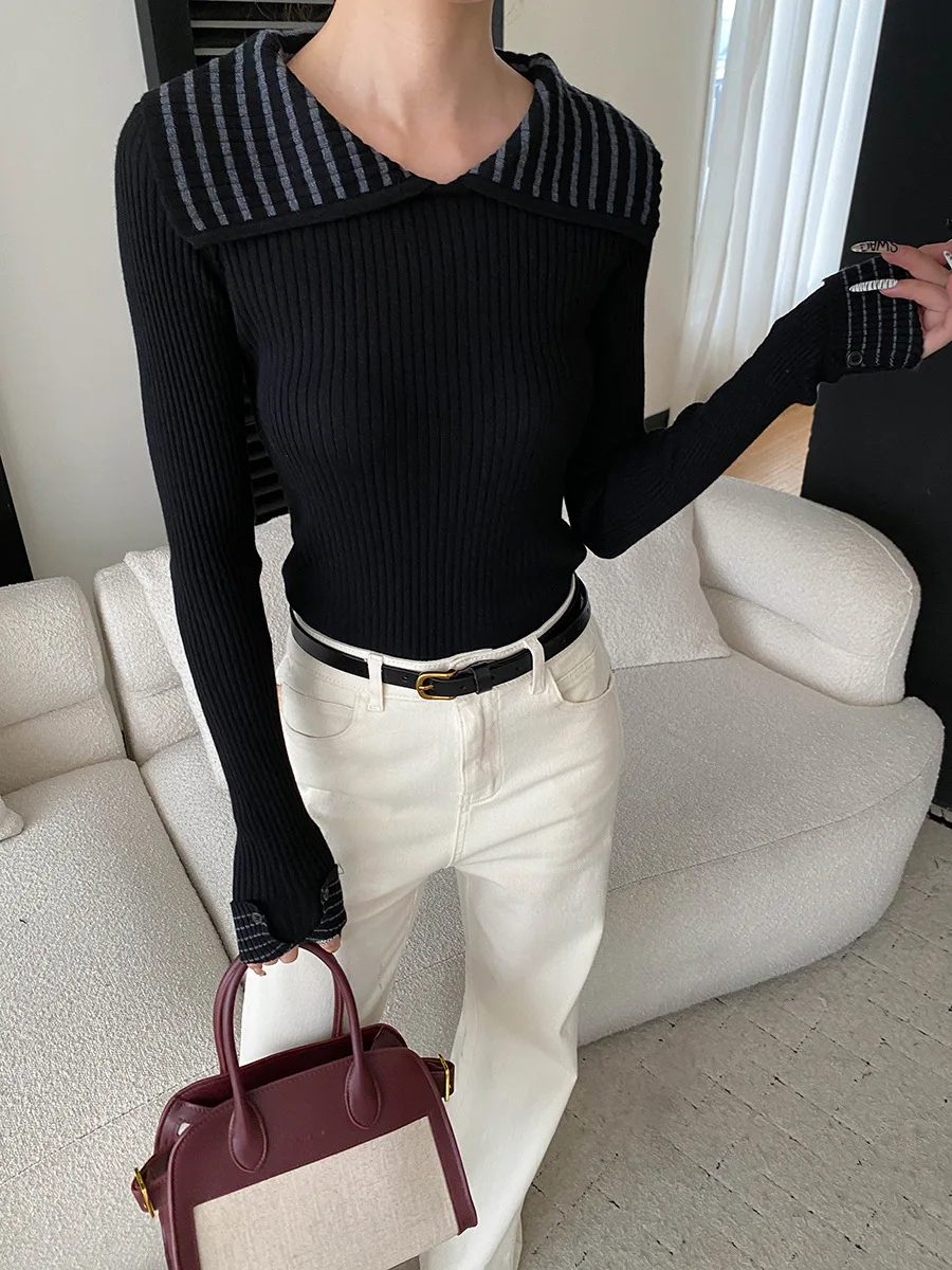 Autumn women's casual and fashionable navy style striped lapel, pit stitch knit sweater