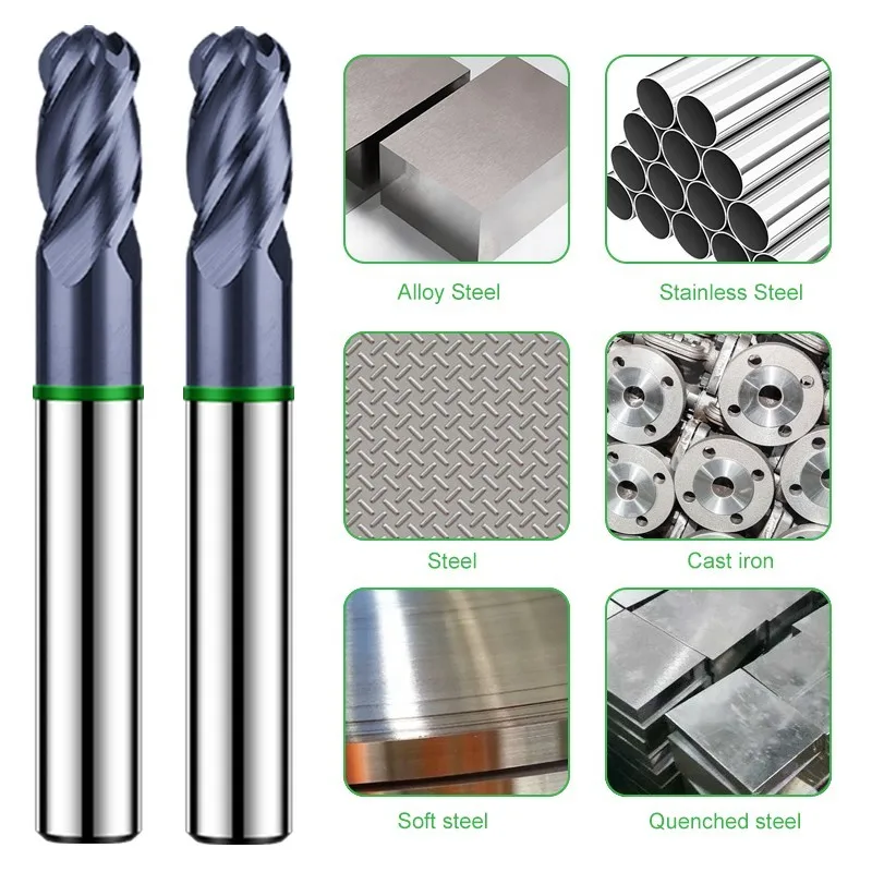 YIFINO TGH-HRC50 4-Flute Tungsten Steel Carbide Green-Ring Coating Ball End Milling Cutter CNC Mechanical Machin End Mill Tools