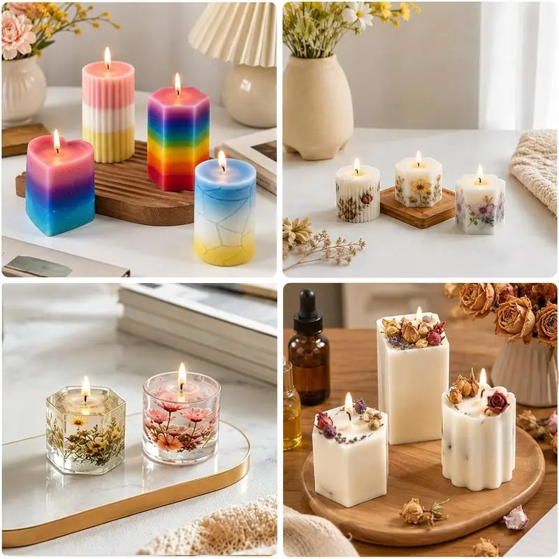 8Wax Mold Set，Reusable wax mold，Contains cylindrical shape、Square、Hexagon、Octagon、Heart-shaped and flower-shaped, among other de