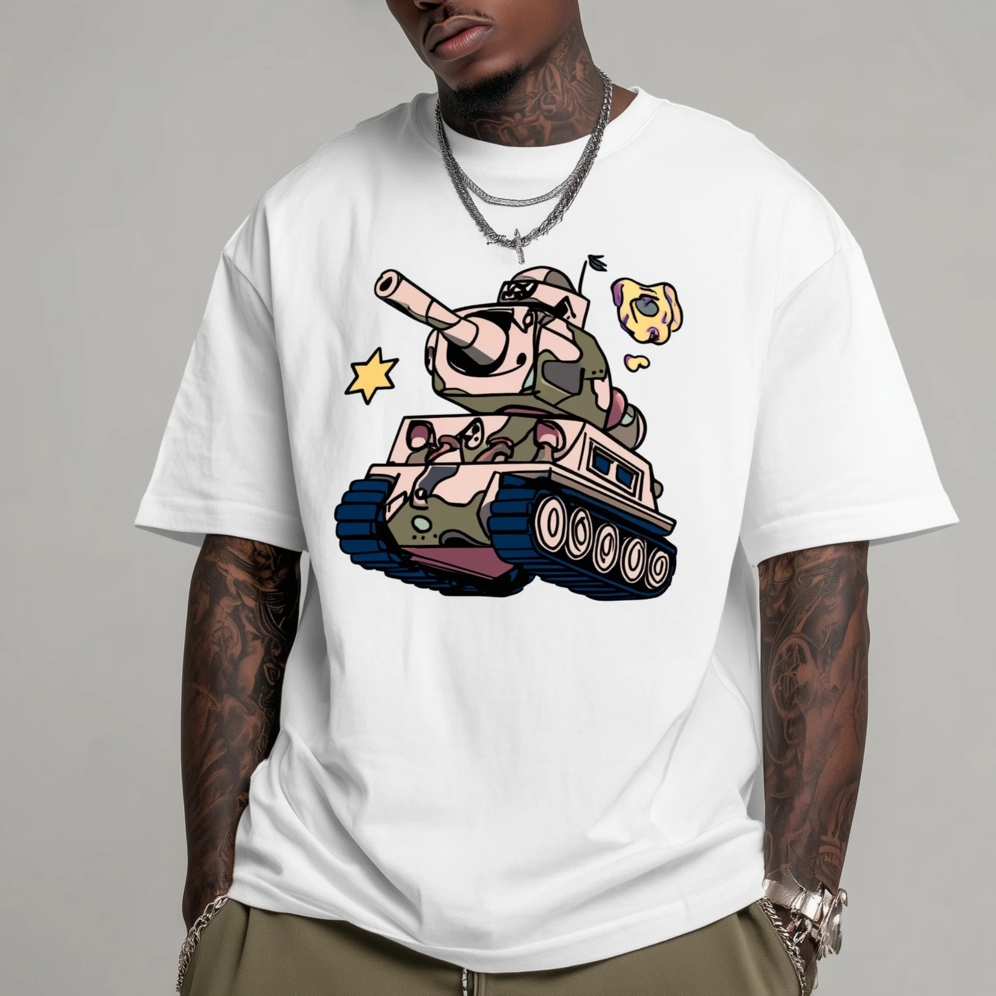 

Teevo Cartoon Tank Design T-Shirt for Men - Military Vehicle Graphic Print - Casual Daily Wear Streetwear Top