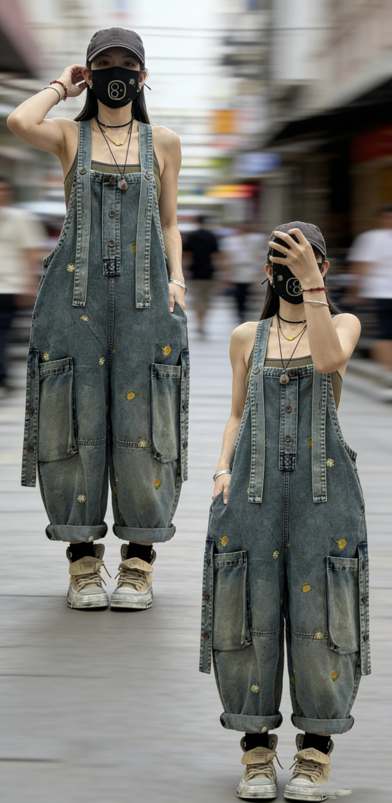 Retro Embroidered Denim Overalls Women's Loose Casual Nine-Piece Jumpsuit Spring 2026 Vintage Style Comfortable Blue Jeans