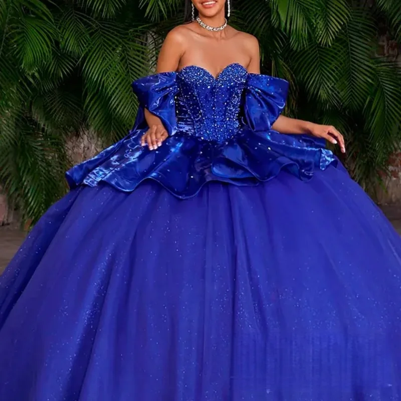 

Shiny royal blue Quinceanera Dress off-shoulder crystal Lace decal Long tail Bow vestidos de 15 Quinceanera ﻿Customize