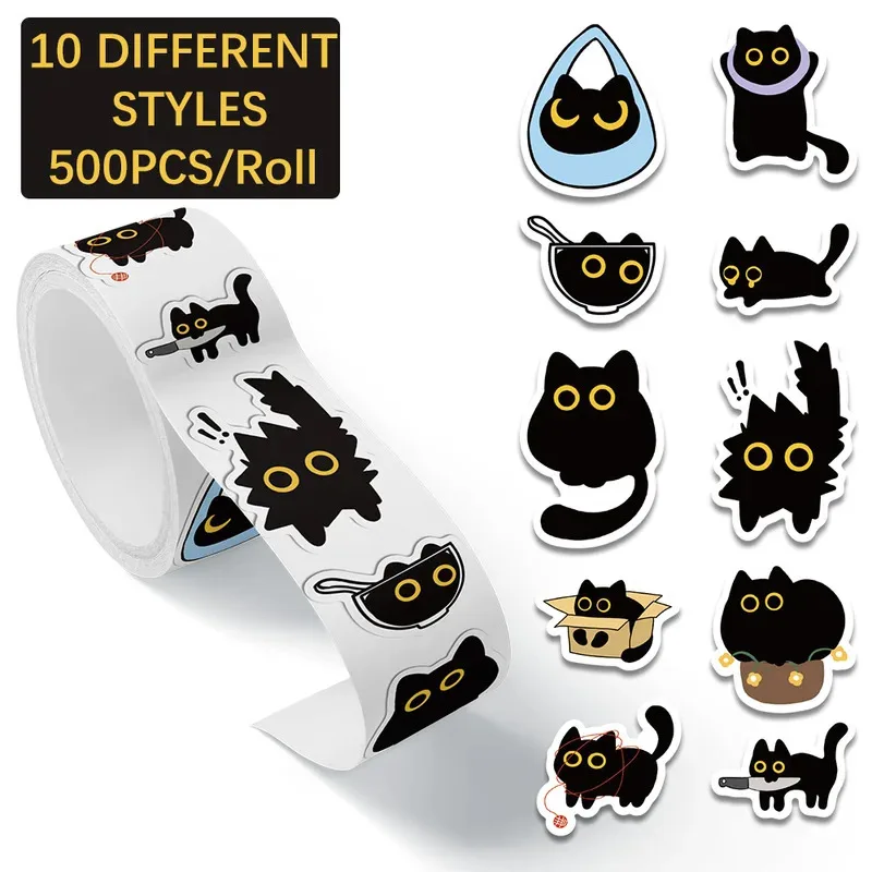 500Pcs Black Cat Sticker Rolls Funny Cartoon Cat Meme Cute Label Decals Crafts for Laptop Guitar Skateboard Decor School Rewards