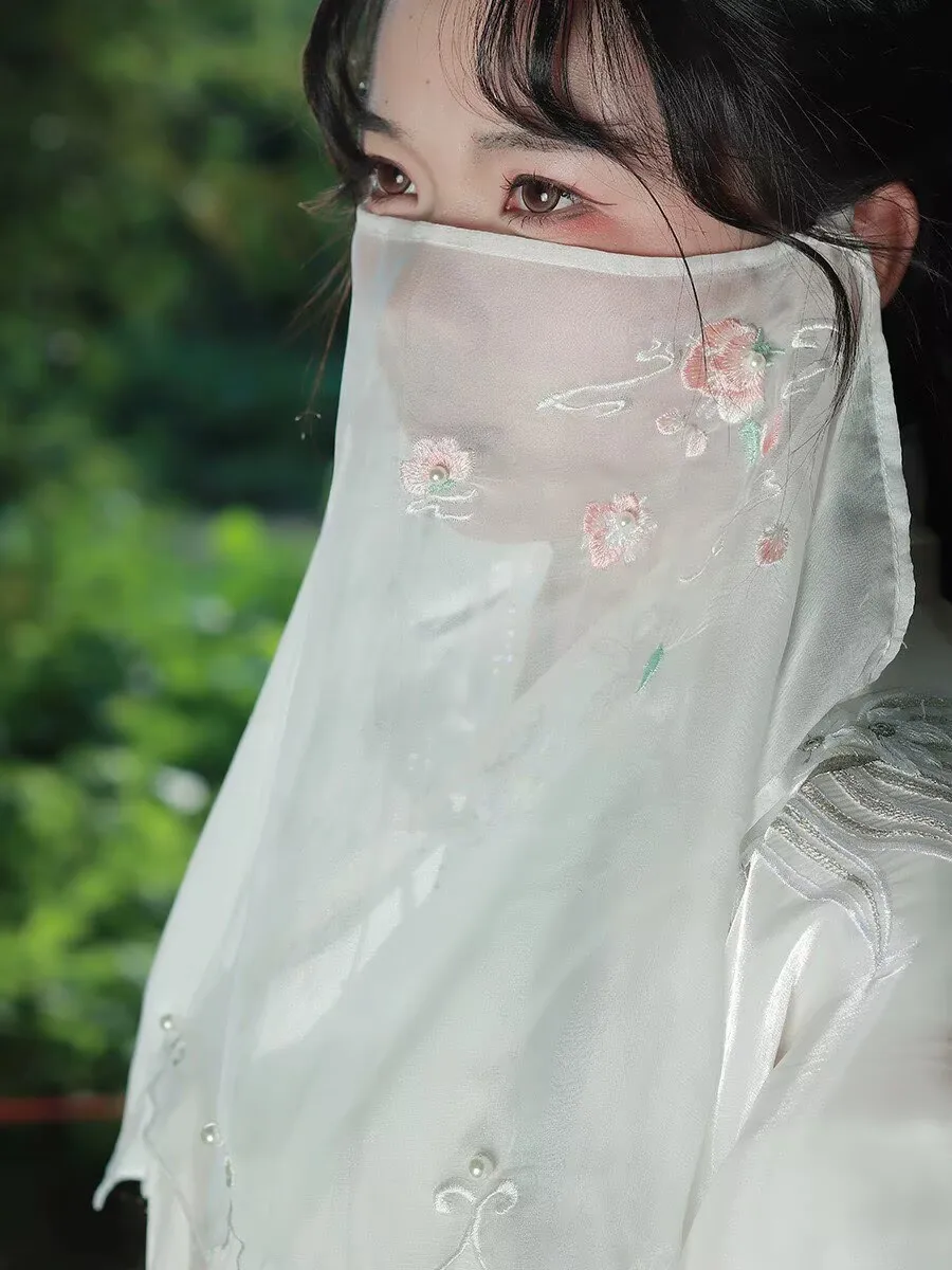 Pearl Tassel Veil Chinese Vintage Embroidered Face Veil White Pink Green Blue Fairy Hanfu Veil
