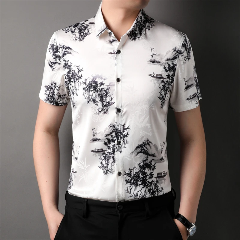 

Chinese Style 3D Print Shirts For Men Short Sleeved Casual Silky Summer High Quality Soft Comfortable Icy Cool Camisas De Hombre