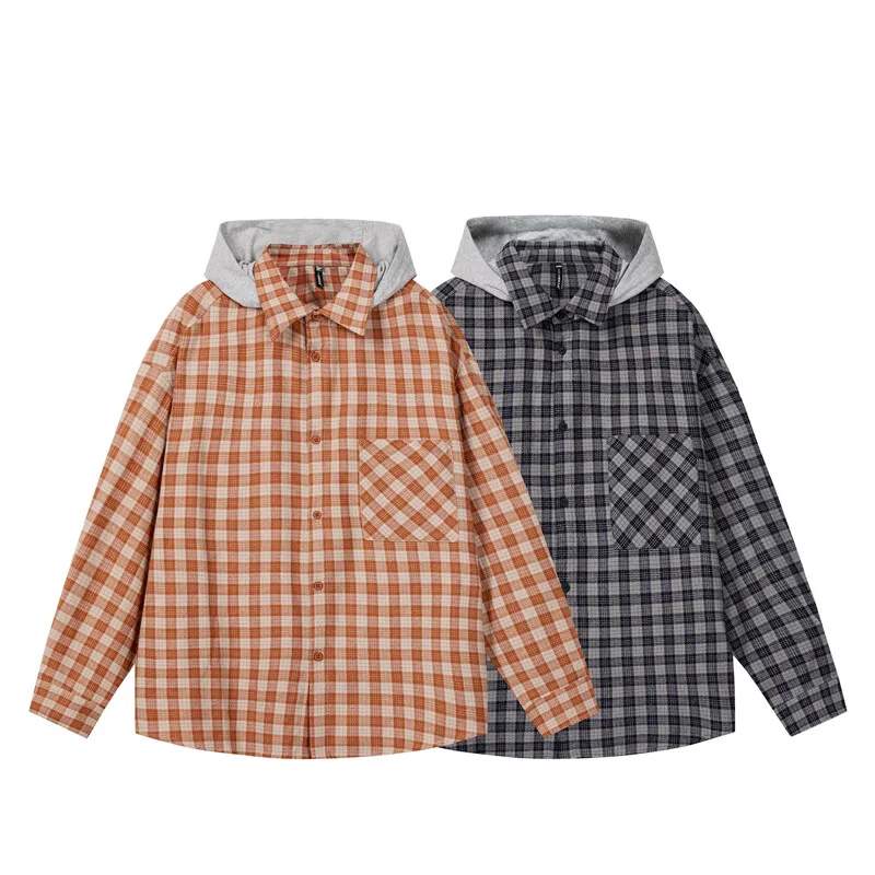 2025 Spring Hooded Plaid Long Sleeve Shirt Men Women Streetwear Fashion Loose Casual Oversize Hood Shirts Coat Couple Blouse