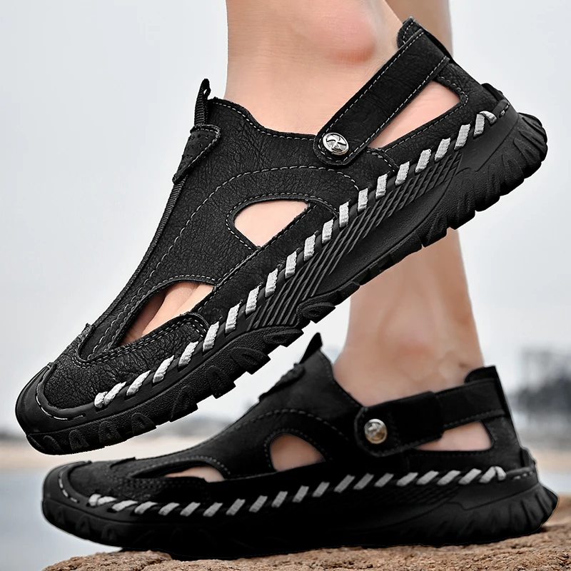 Sandalias transpirables para hombre, zapatos cómodos hechos a mano, zapatillas de talla grande, playa de goma, Verano