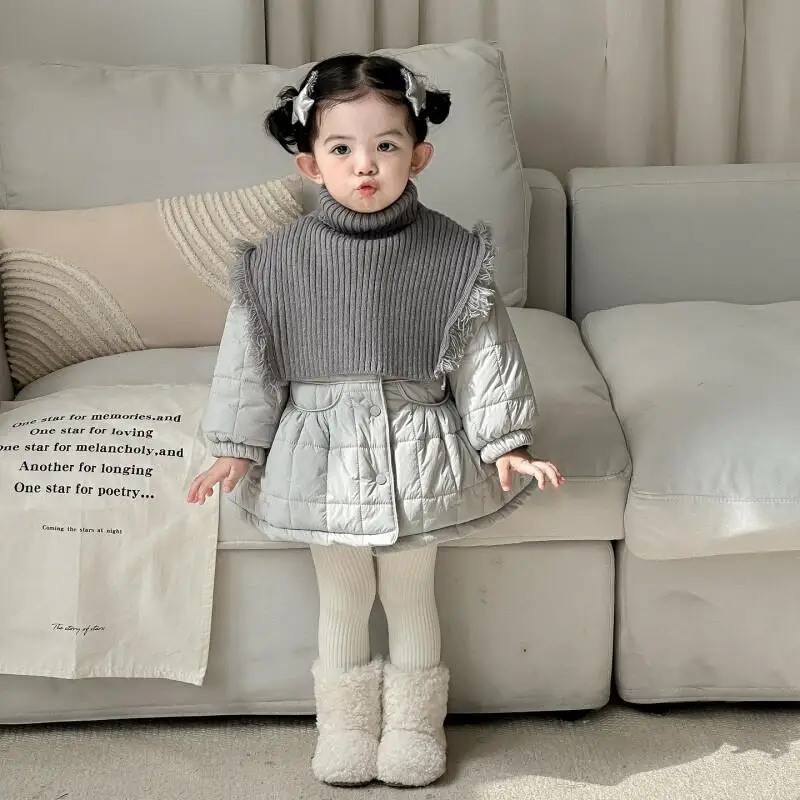 

2025 осенне-зимняя стеганая куртка для девочек, теплое пальто, однотонные топы с высоким воротом, удобная новая модная детская одежда, ветрозащитная одежда