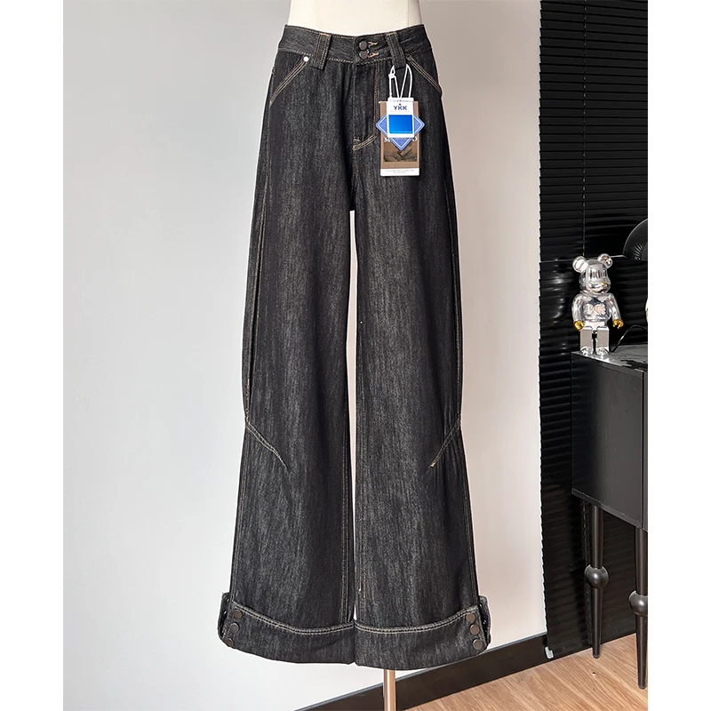 Damskie jeansy z szerokimi nogawkami z wysokim stanem Lady Spring Summer Streetwearr Dwa guziki Luźne proste jeansy pełnej długości
