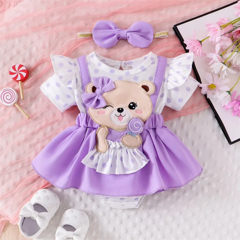 Pudcoco طفل الفتيات 2 قطعة ملابس الصيف قصيرة الأكمام الدب التطريز رومبير مع مجموعة عصابات رأس ملابس الوليد 0-18 متر