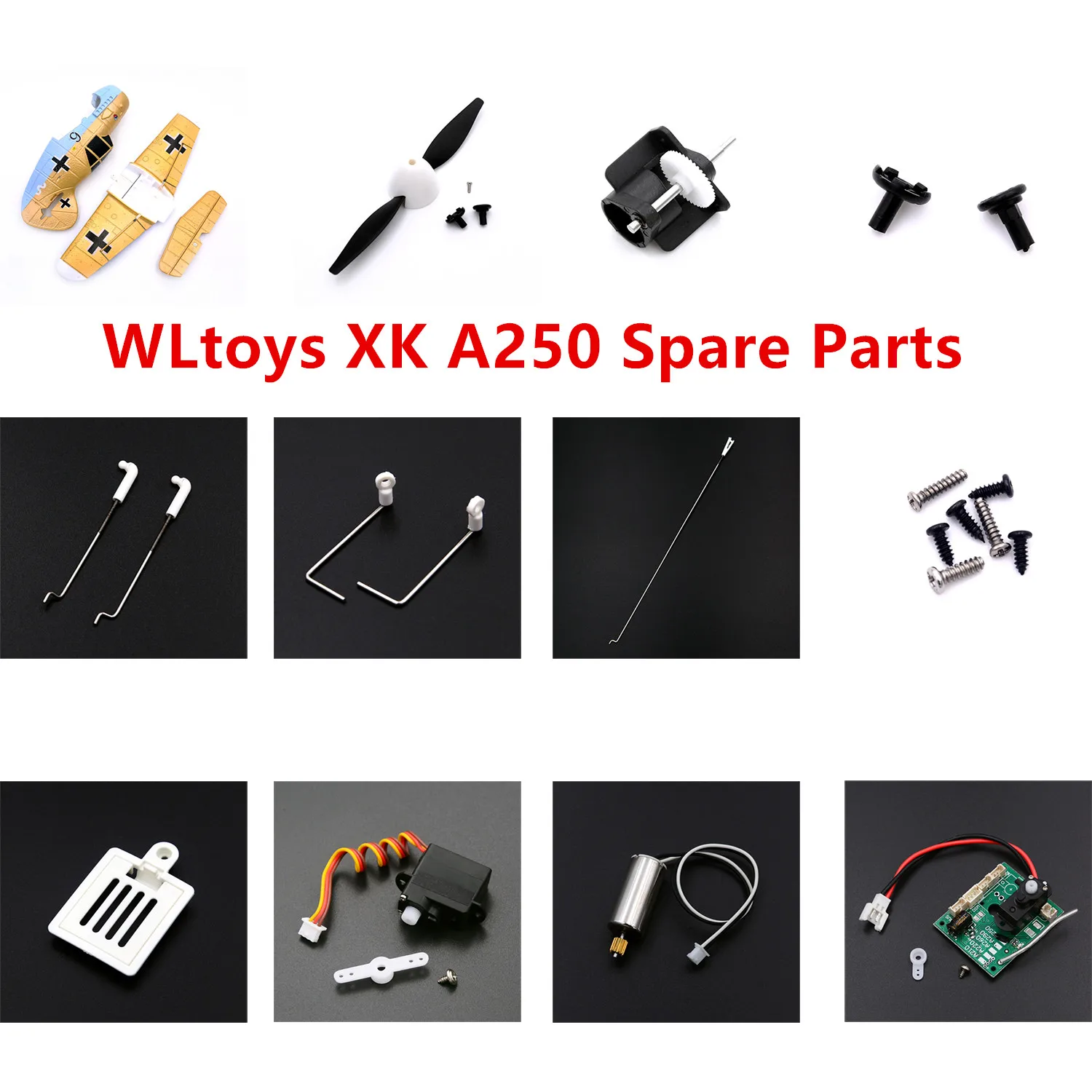 

Wltoys XK A250 BF109 RC Airplane spare parts shell propeller landing gear steel wire receiver motor remote Screw servo etc