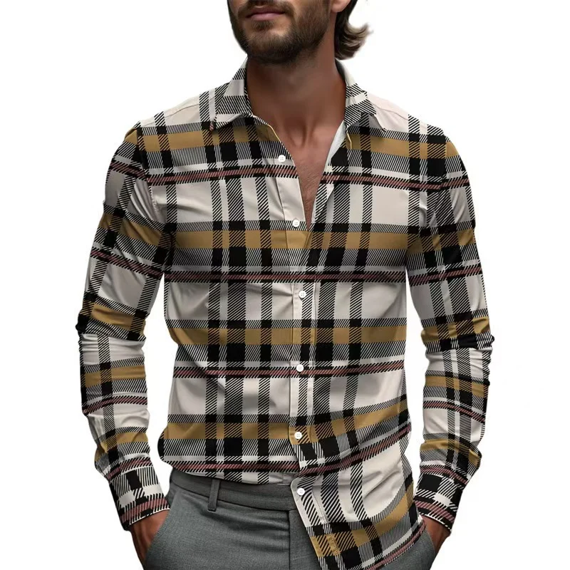 Business shirt line plaid stripes men's printed shirt four seasons single-breasted lapel long-sleeved shirt 2025 Hawaiian shirt