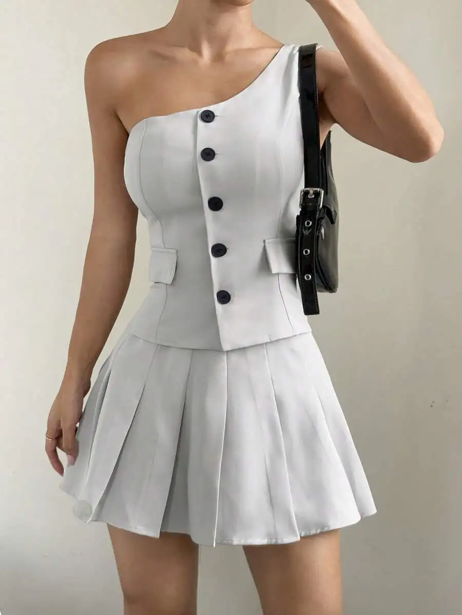 

Asymmetric One Shoulder Button Front Sleeveless Top And Pleated Skirt Set
