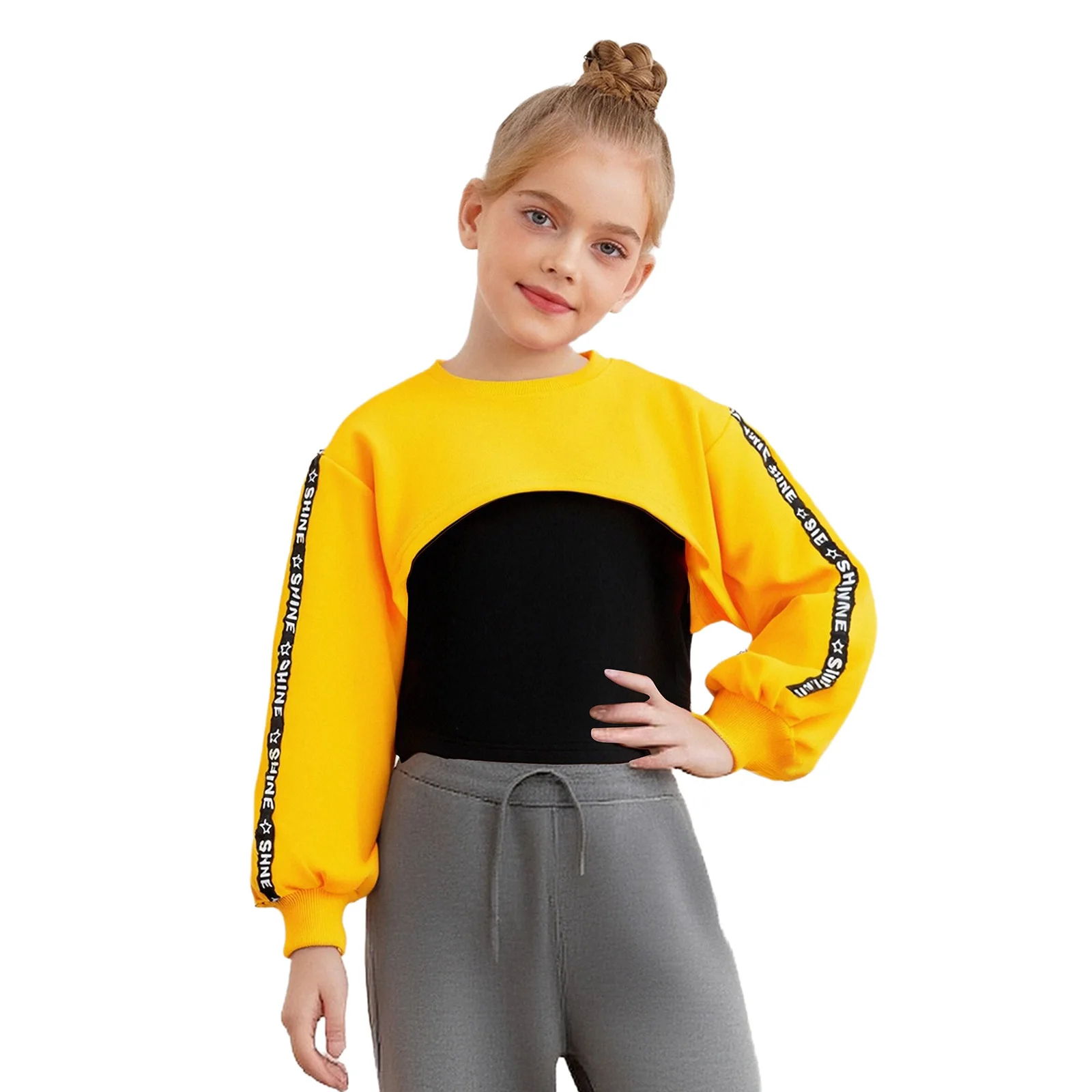 

Kids Girls Sweatshirt Cotton Letter Printed Long Sleeve Asymmetrical Hem Crop Top Skateboarding Hip-Hop Jazz Dance Streetwear