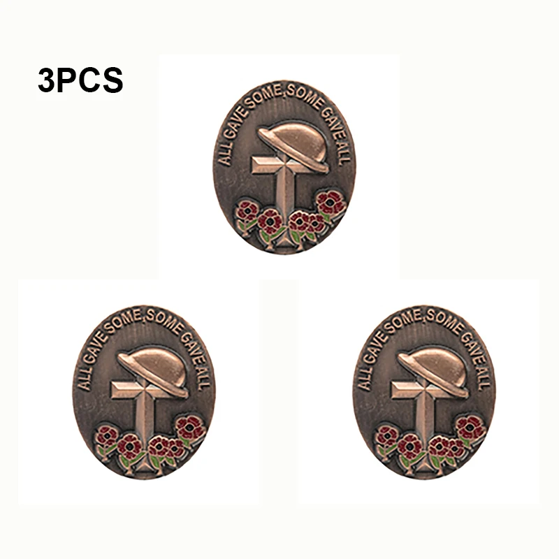 Lot de 3 épingles à revers en métal avec drapeau fleur de coquelicot 3D