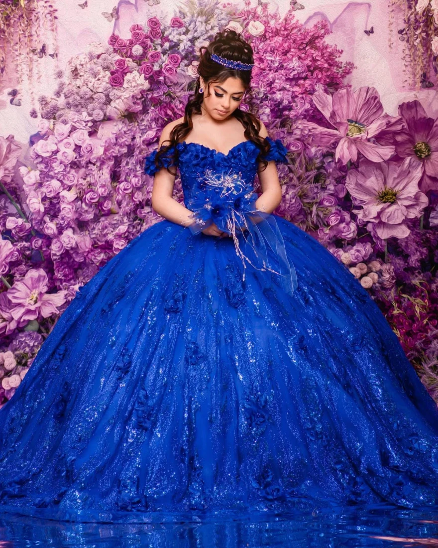 فساتين Quinceanera الفاخرة باللون الأزرق الملكي مخصصة ثوب حفلة مزين بالزهور كريستال مع كيب حلو 16 فساتين رداء حفلات YQD68