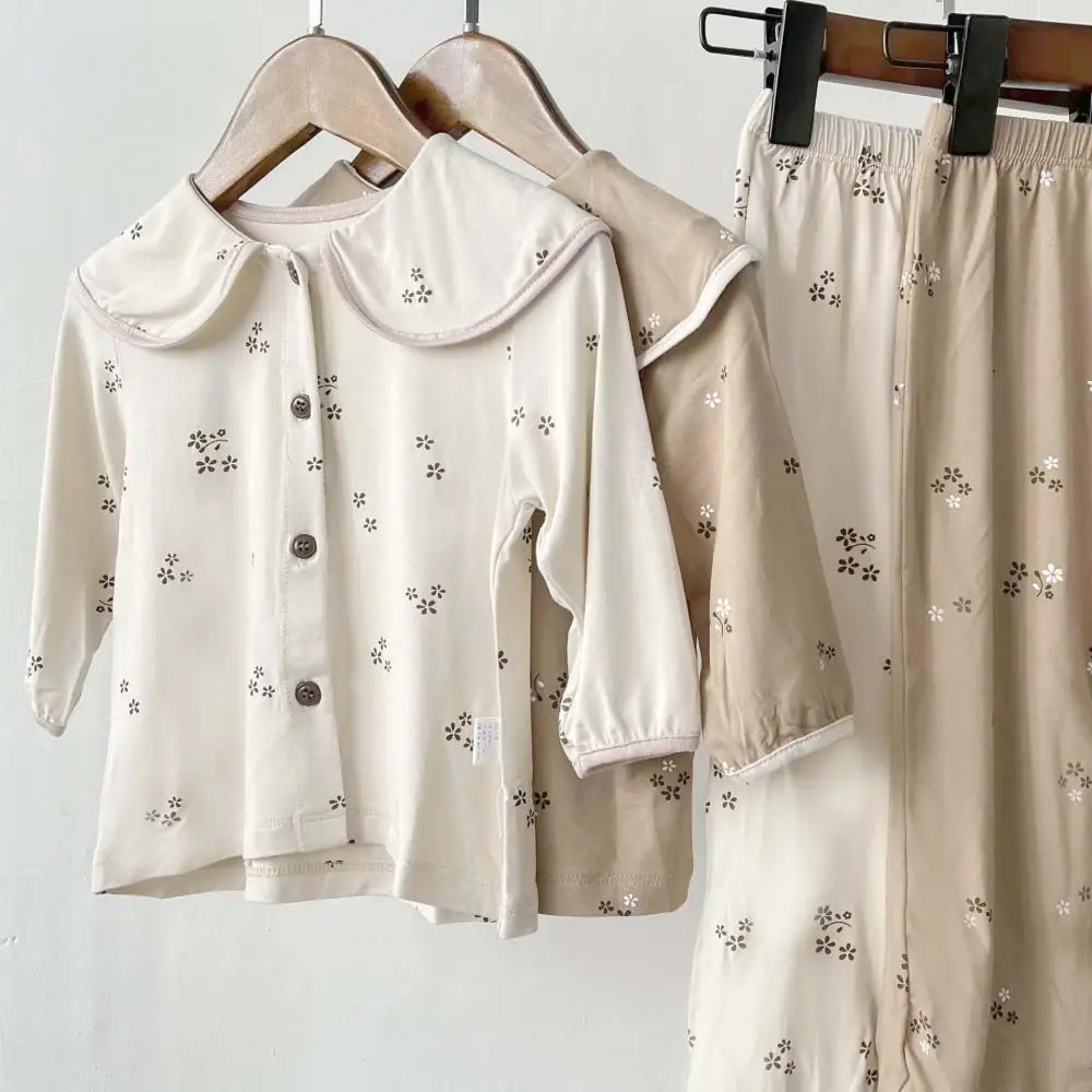 2024 Korean Children\'s Pajamas Sets Doll collar Long Sleeved Tops And Pants Two Piece Sets Printing Baby Girl Home Clothing