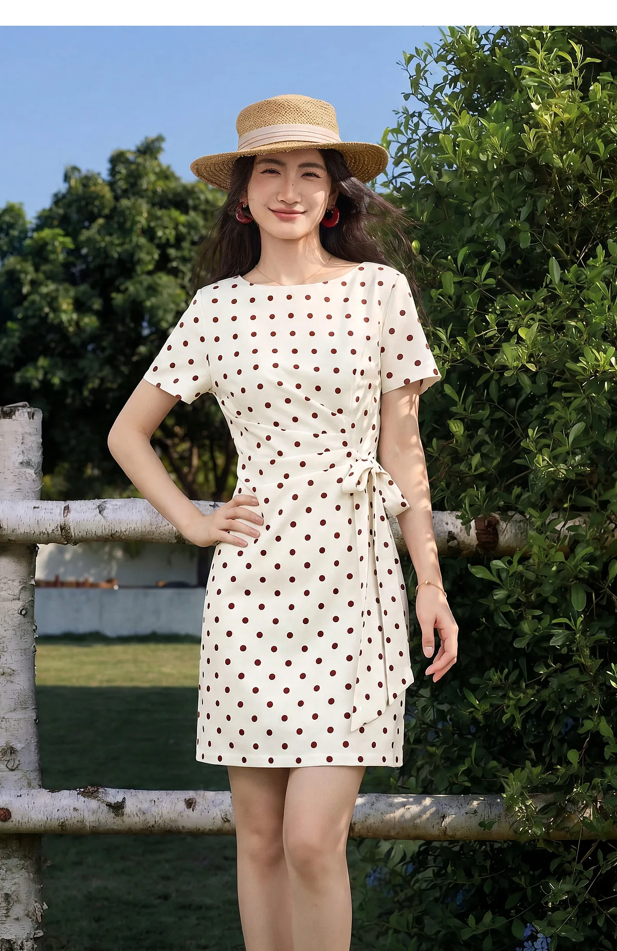 SENTUBILA Damen Französisches Polka-Dot-Kleid Leinen A-Linie Retro Mode Kurzarm Kurzes Kleid Damen Partykleidung 162LI7499 – Detail 20