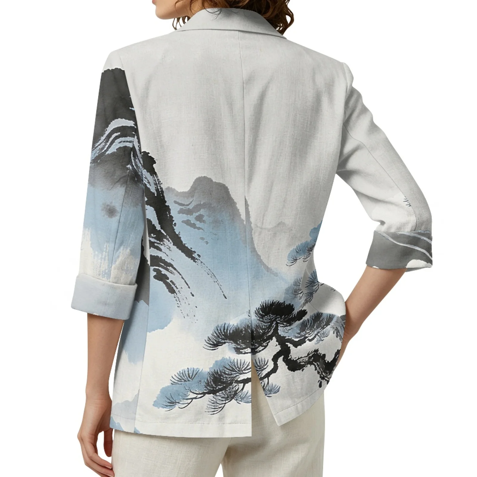 PENSTROLL Mountain Pine Print Linen Like Dressy Tops for Work Casual Open Front Tops Beach Top