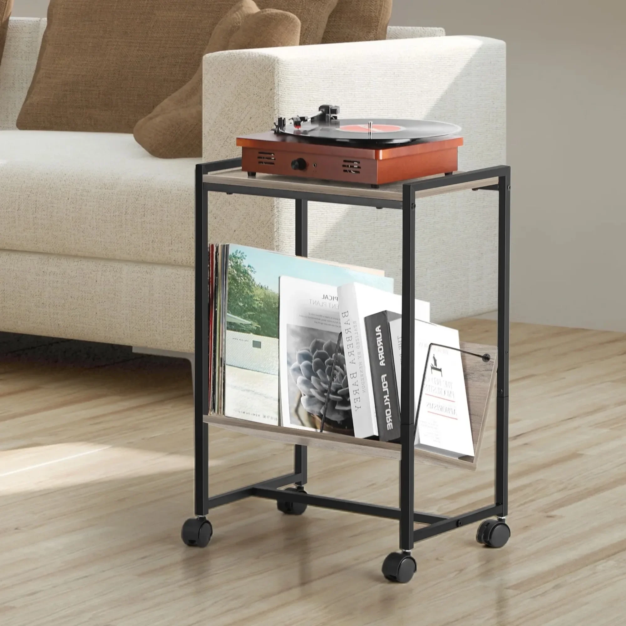 Supporto portatile per giradischi grigio a 2 livelli con ruote, ripiano in vinile per tavolino da soggiorno e camera da letto
