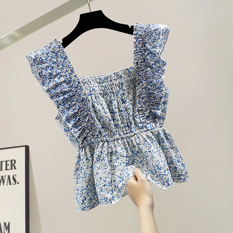 

Heavy Embroidery Hollow out Pleated Floral Patchwork Strap Top Slimming Korean Sle Square Collar Svel Women's irt