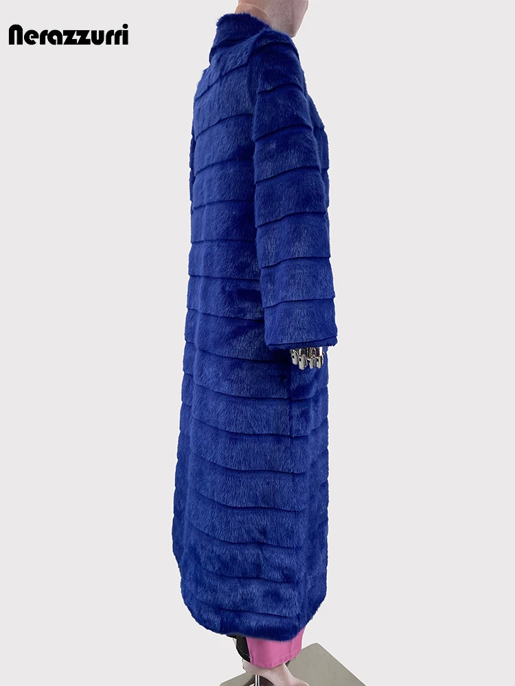 Nerazzurri autunno inverno Extra lungo spesso caldo morbido soffice cappotto di pelliccia di visone finto a righe blu donna collo alto soprabito peloso