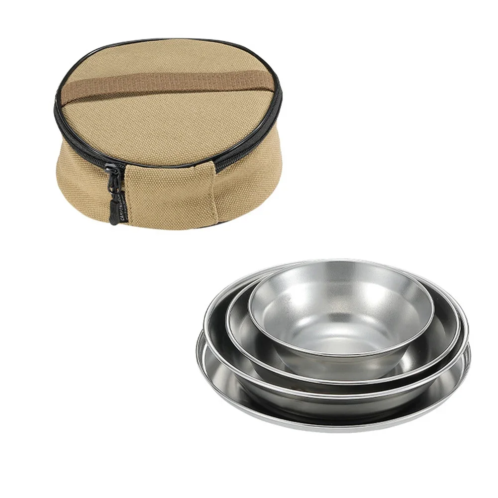 

304 Stainless Steel Portable Tableware Set for Camping Includes Meal Bowl Dinner Plate Soup Bowl and Storage Bag