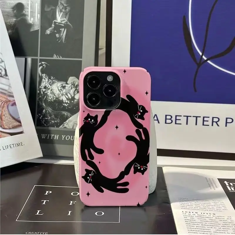 Korean INS Cartoon Dancing Cat Pink Background Phone Case for iPhone 16 15 14 13 Pro Max 12 Mini 11 Pro Plus Shockproof Cover