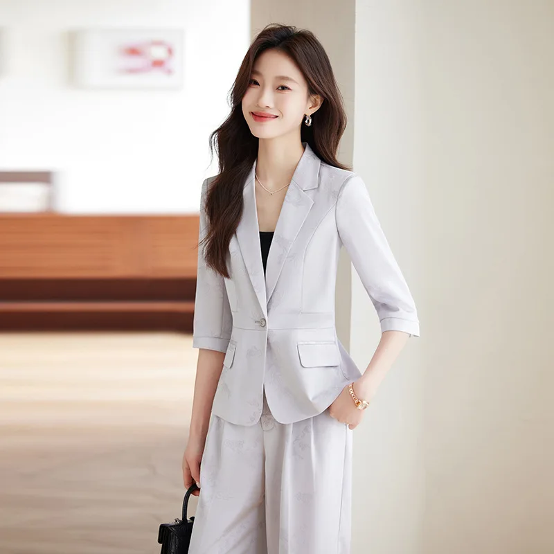 Colore champagne Primavera Estate Autunno Nuovo blazer professionale casual con maniche a tre quarti con colletto piccolo e pantaloni Two-Pi