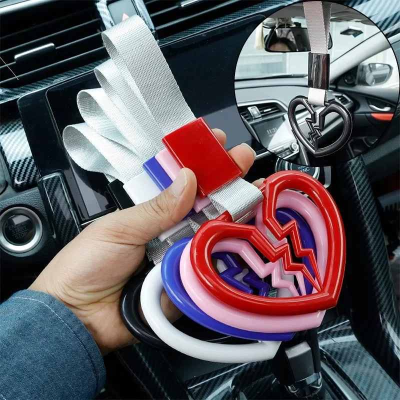 JDM Heart Shaped Car Static Belt Pull Ring Decorative Warning Hanging Rings Rear Bumper ABS Ring Cars Interior Hand Pull Loop