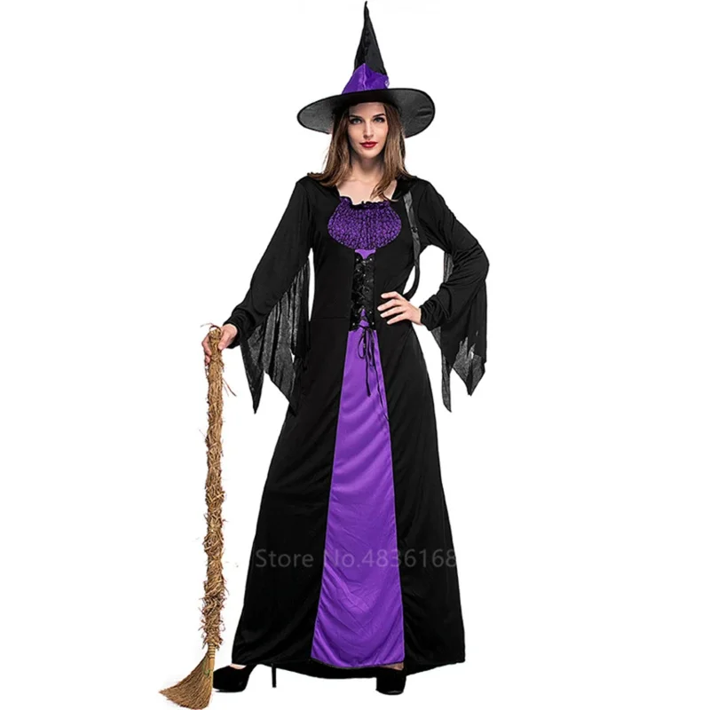 Halloween Witch Vampire Costumes for Women Adult Scary Purple Carnival Party Performance Drama Masquerade Clothing with Hat