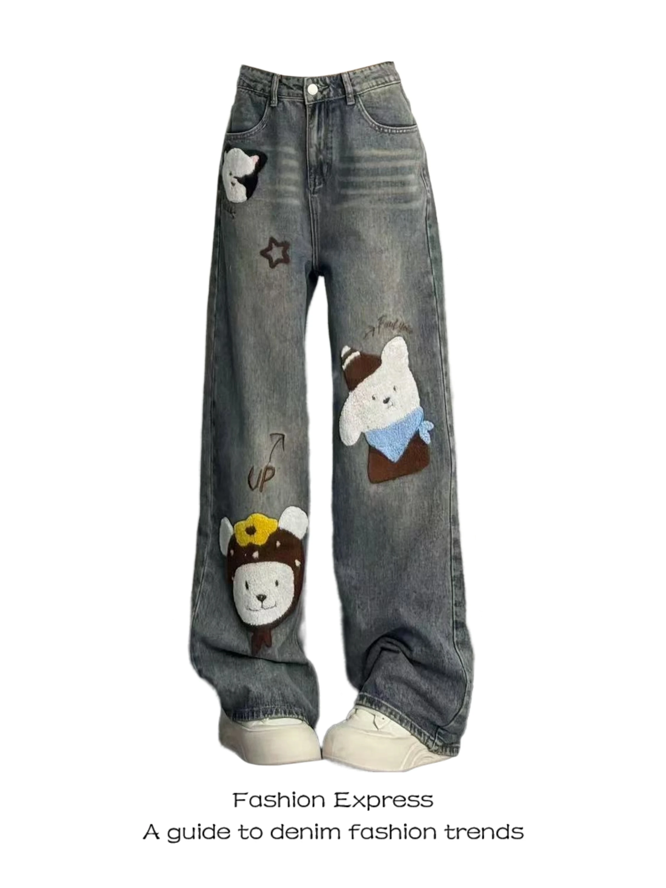 

Женские джинсы в стиле ретро, американские, новые, зима 2025, с мультяшной вышивкой и подвесками, свободные, широкие штанины