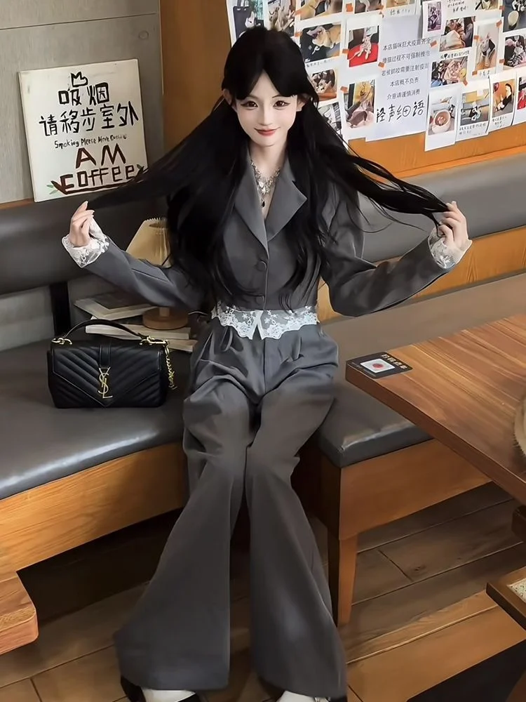 

Women's Sweet Edgy Grey Suit Set - Cropped Blazer with Lace Trim & Wide Leg Pants Vintage Office Casual Outfit for Spring Autumn