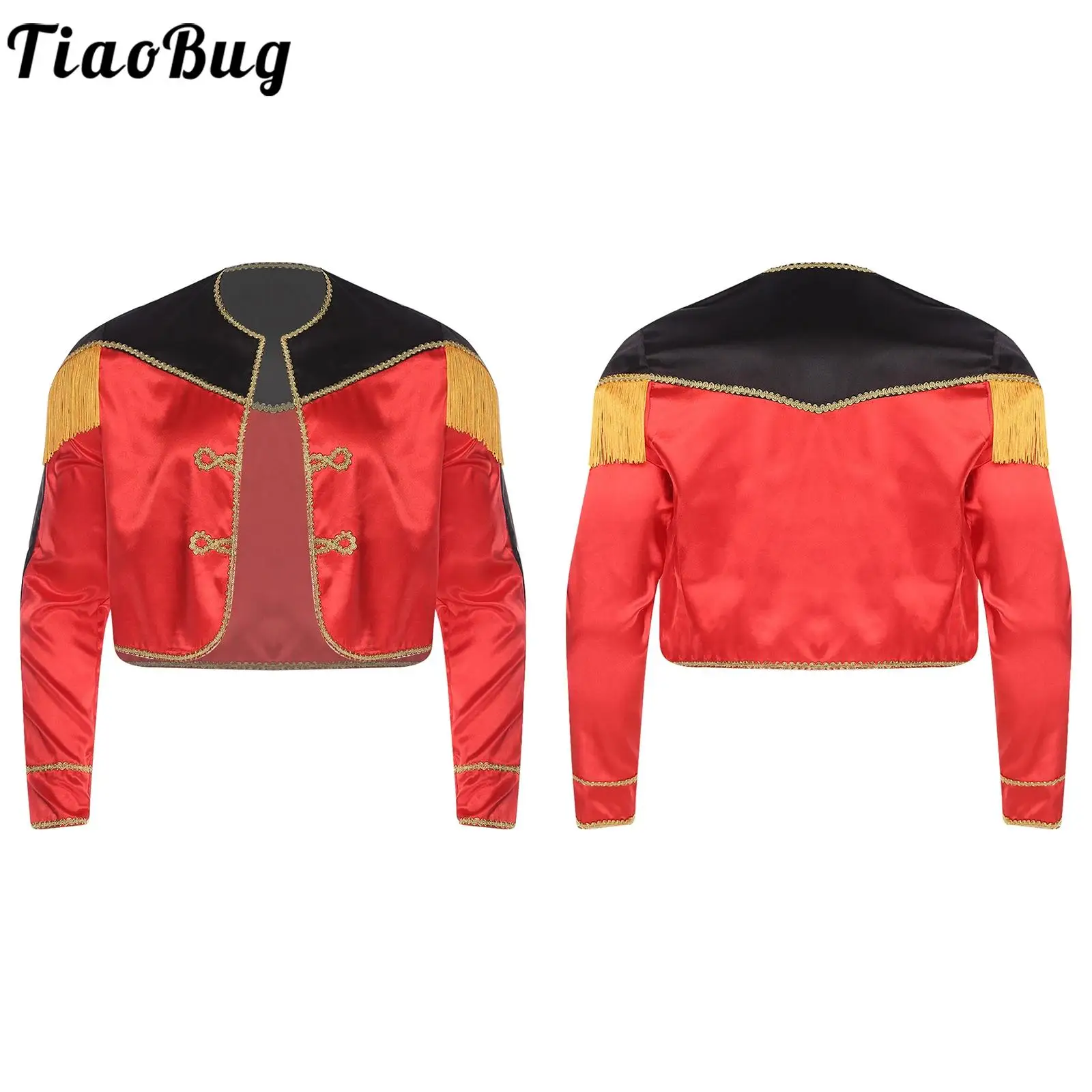 الرجال ماتادور تأثيري ازياء عيد الميلاد السيرك أداء الملابس معطف طويل الأكمام مفتوحة الجبهة الذهب جديلة تقليم شرابات سترة