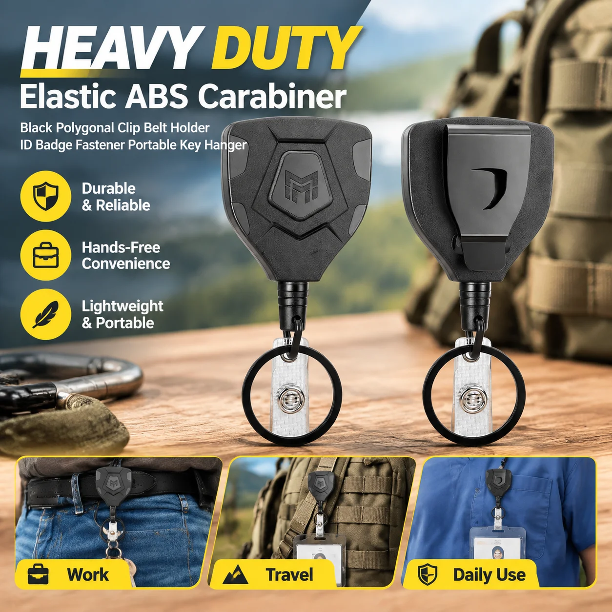 Heavy Duty Elastic ABS Carabiner Black Polygonal Clip Belt Holder ID Badge Fastener Portable Key Hanger