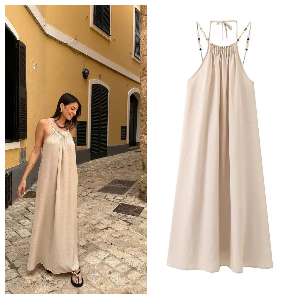 

French beaded halter neck suspender dress for women summer new style seaside vacation loose sleeveless long dress