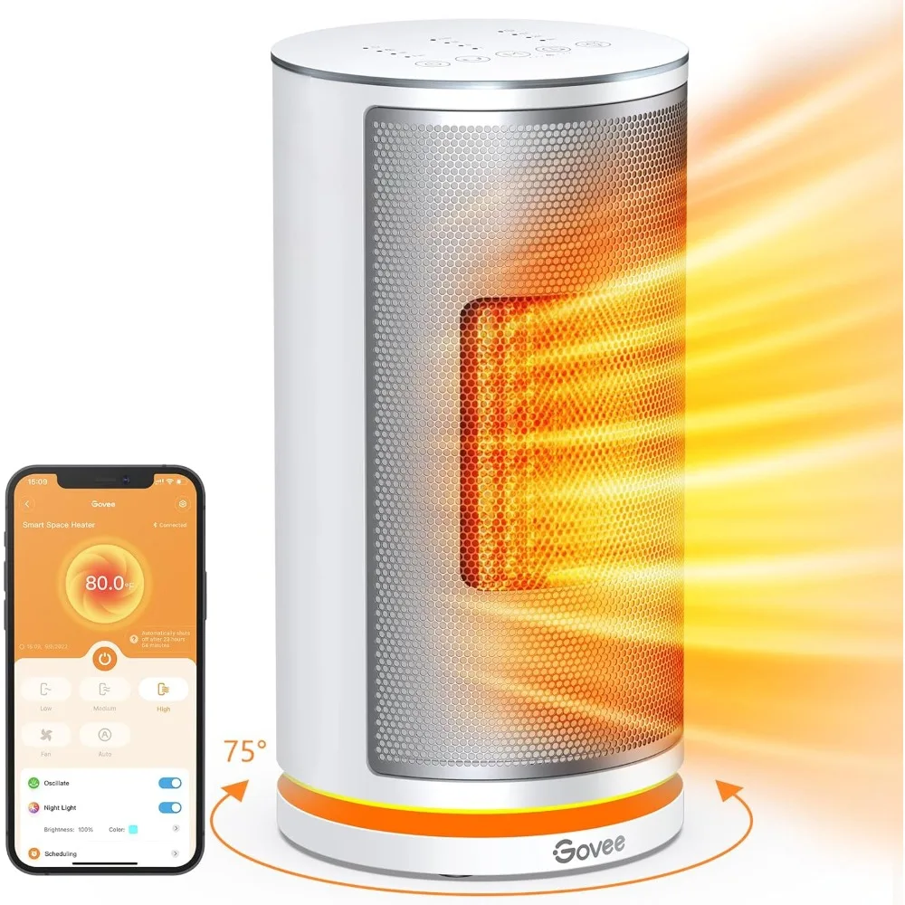 Smart Space Heater for Indoor Use, 1500W Fast Ceramic Electric Heater with Thermostat, 75°Oscillating