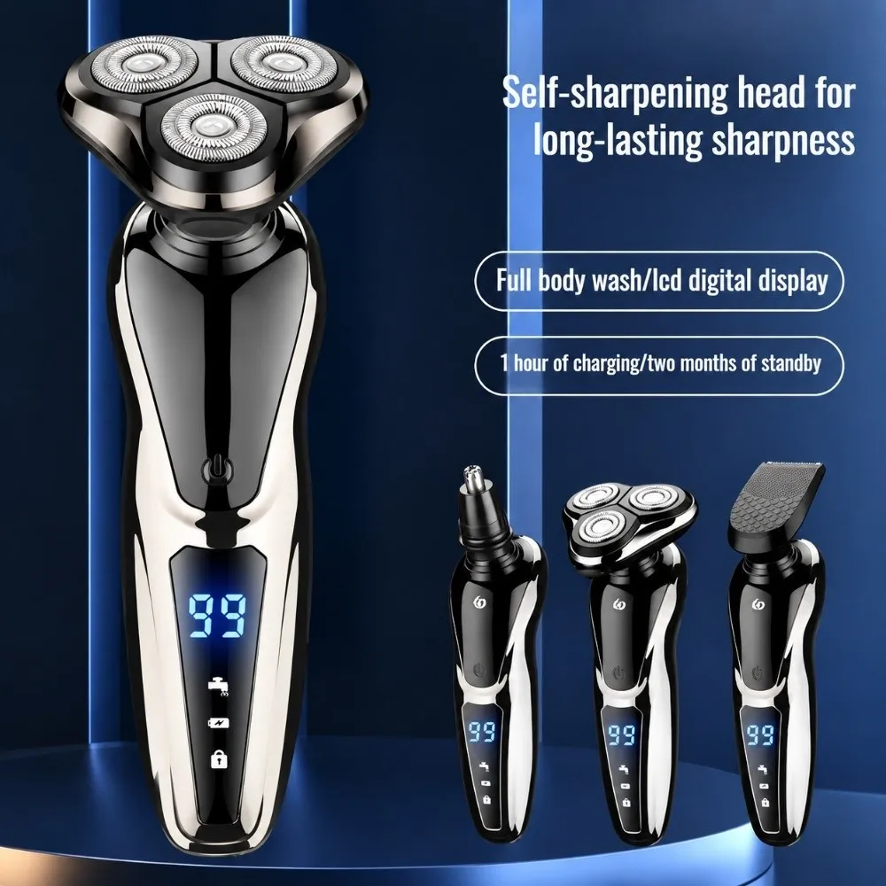 Triple Shaving Heads Electric Shaver Whole Body Washable LCD Display 4 In 1 Shaver Interchangeable Attachments