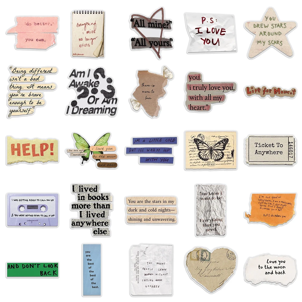10/30/50 Uds. Pegatinas Retro hechas a mano con texto fragmentado transparente, calcomanías de grafiti creativas, álbum de recortes DIY, paquete de pegatinas para teléfono y guitarra