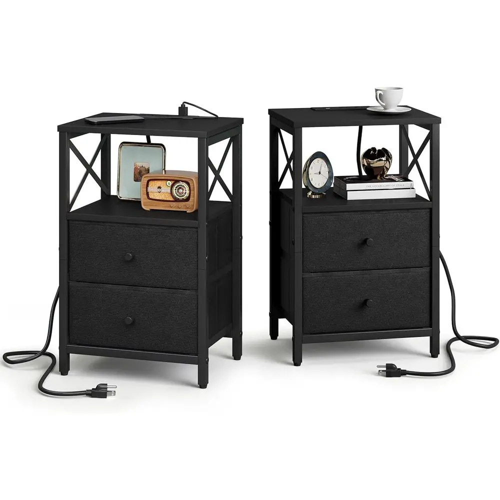 

Night Stand Set 2 Black Nightstand with Charging Station for Bedroom and Living Room End Tables with Fabric Drawers USB Ports a