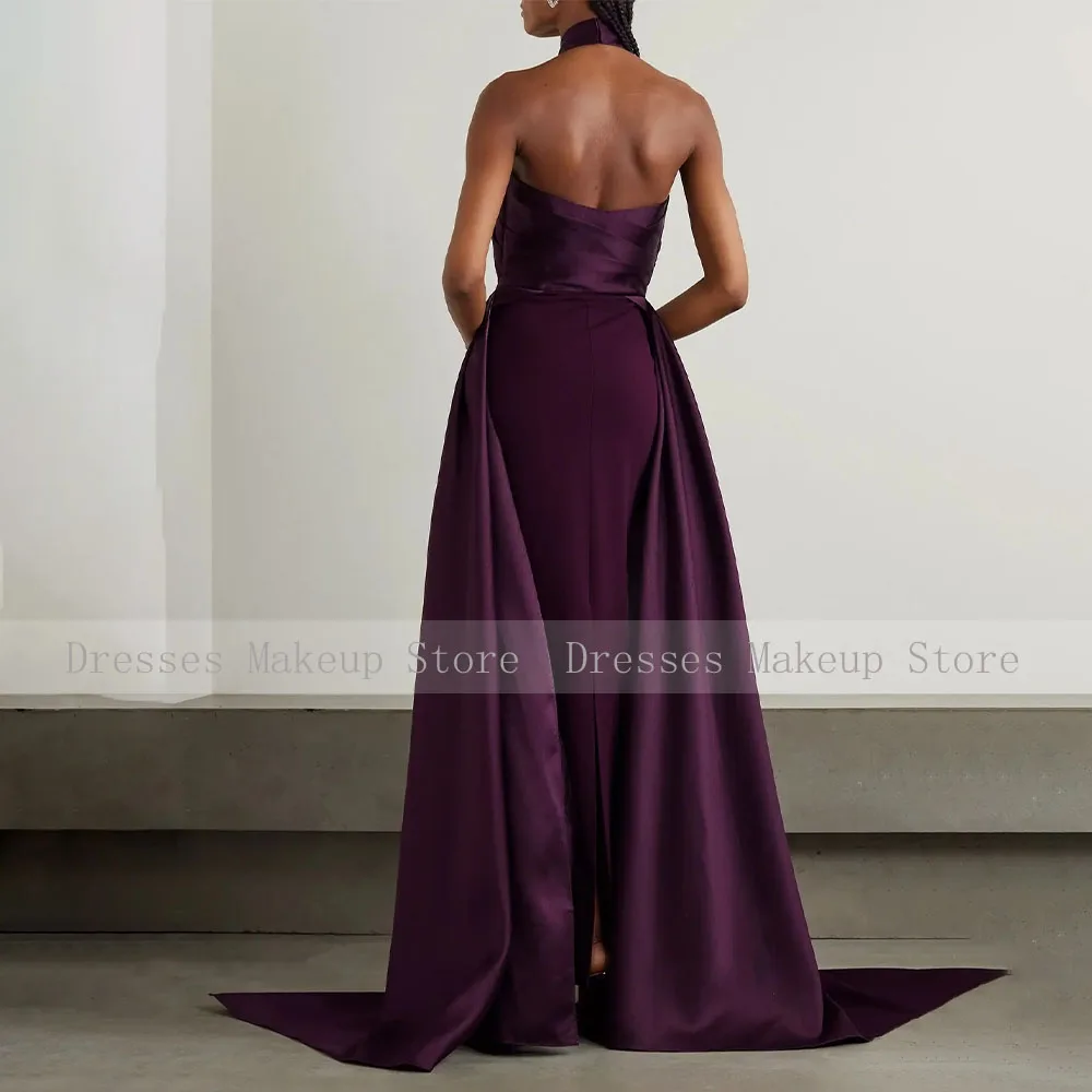 Dark Purple Evening Dress 2024 Halter Criss-Cross Column Evening Gowns for Women Satin Jersey Backless Formal Party Dresses Maxi