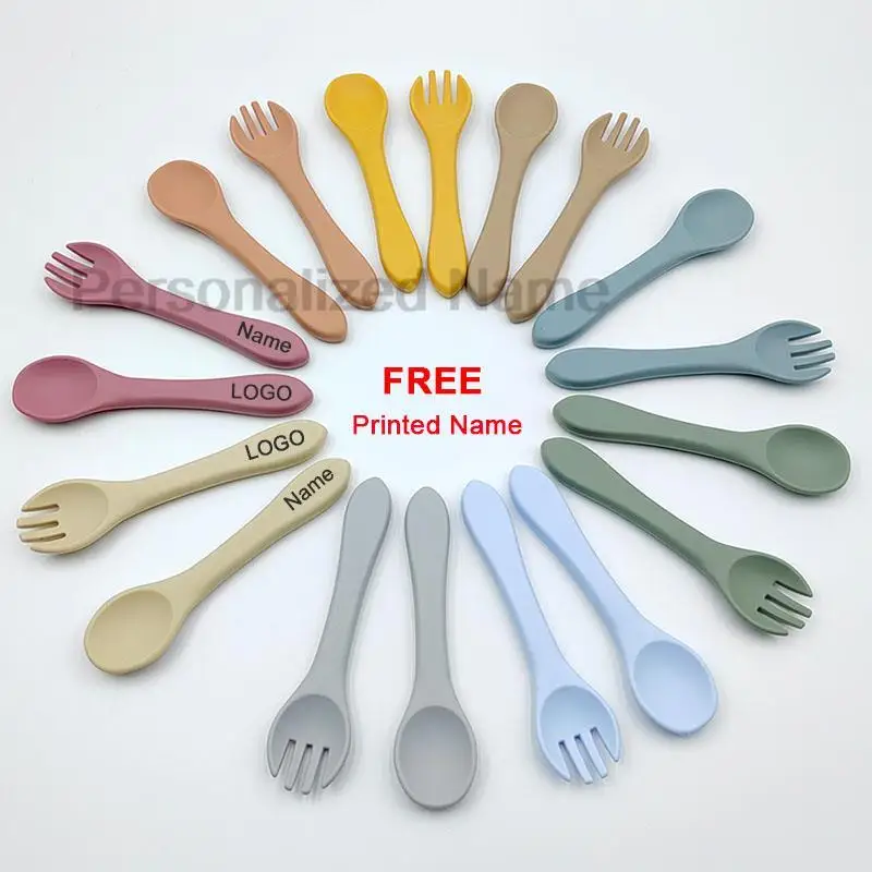 Personalized Name Baby Dinner Tableware Silicone Spoon For Kids Children Learn to Eat Training Fork Spoon Silicone Soft Spoon