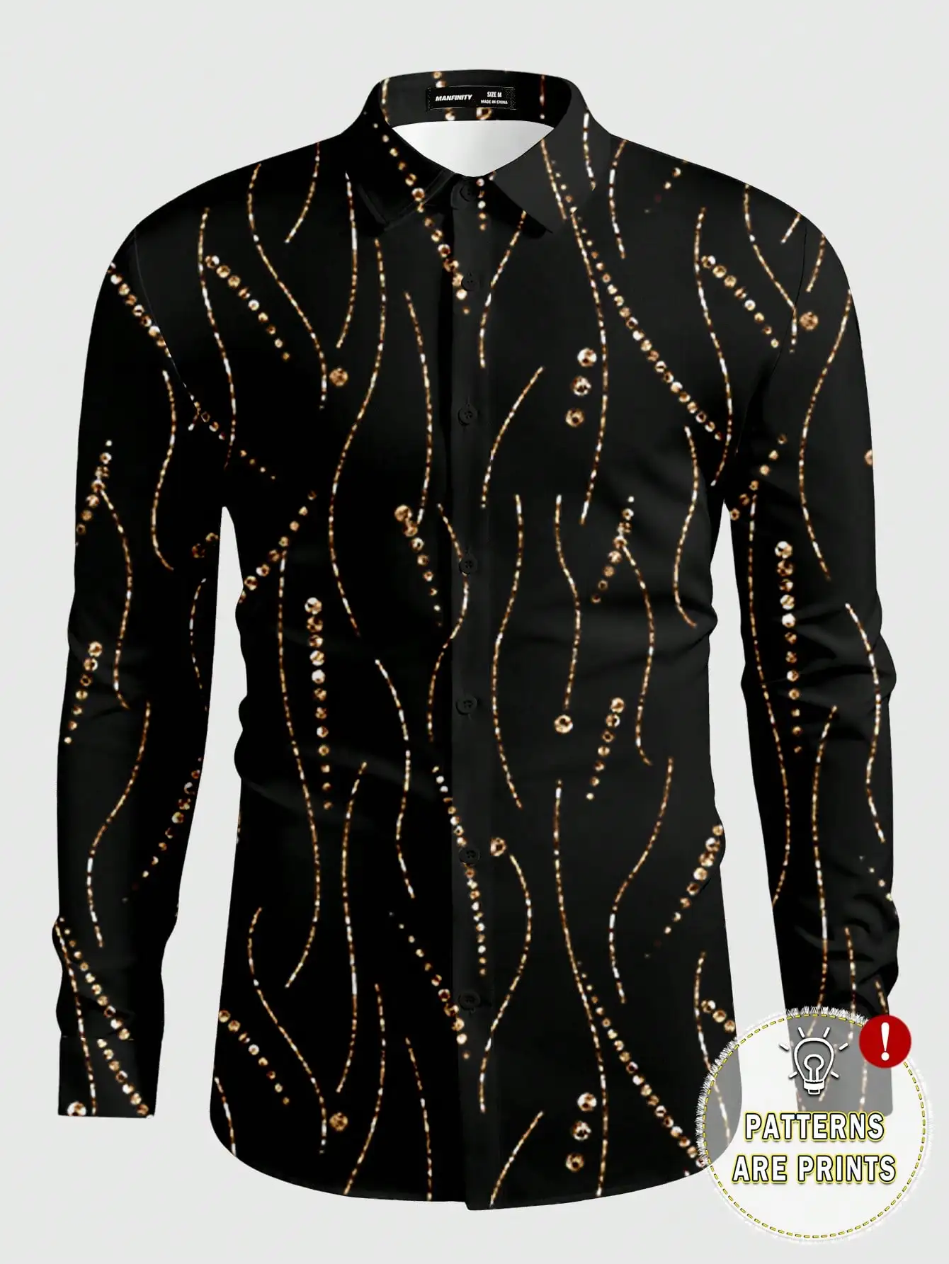 

Мужская черная рубашка с длинным рукавом и золотым абстрактным принтом для вечеринок