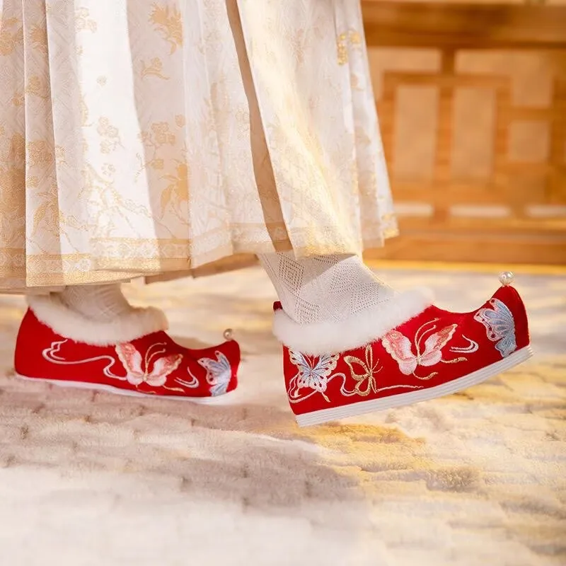 Large Size 41# Hanfu Shoes Women Chinese Ancient Embroidery Shoes Winter Warm Fluff White Pink Hanfu Shoes Plus Size 34-41#