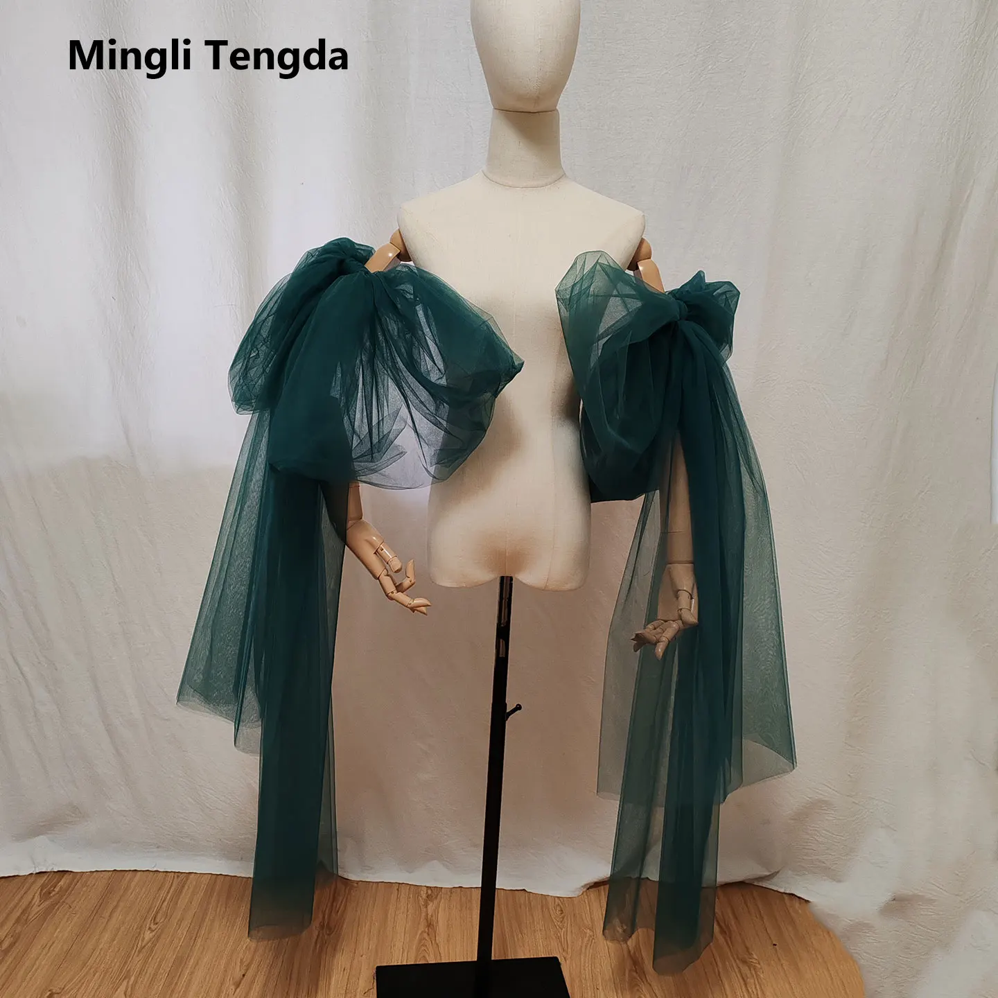 Mingli Tengda Big Bow Wedding Bride Gloves Drak Green Tulle Hand Sleeves Black Wedding Accessories Props Multicolor Custom Made