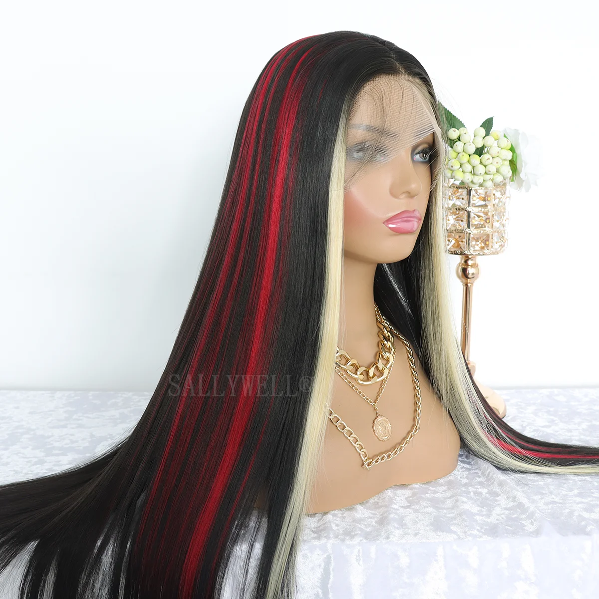 Peluca Frontal de encaje liso para mujer, pelo sintético sin pegamento, prearrancado, color mezclado, negro, rojo, amarillo