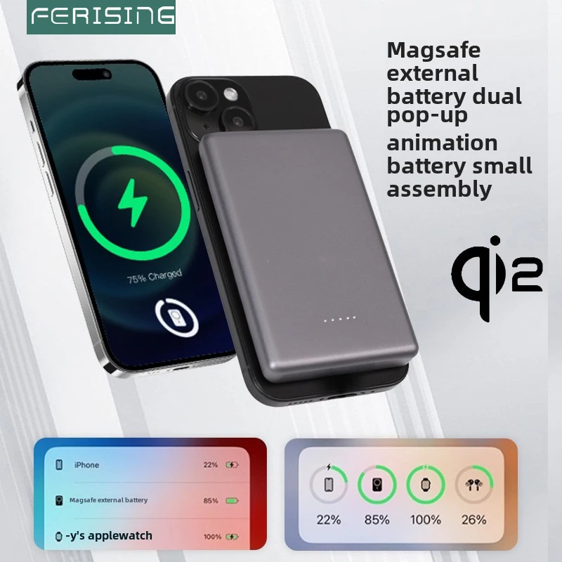 

FERISING Qi2 Metal 10000mah Portable external battery dual pop-up alloy Fast charger magnetic power bank For Magsafe IPhone 16