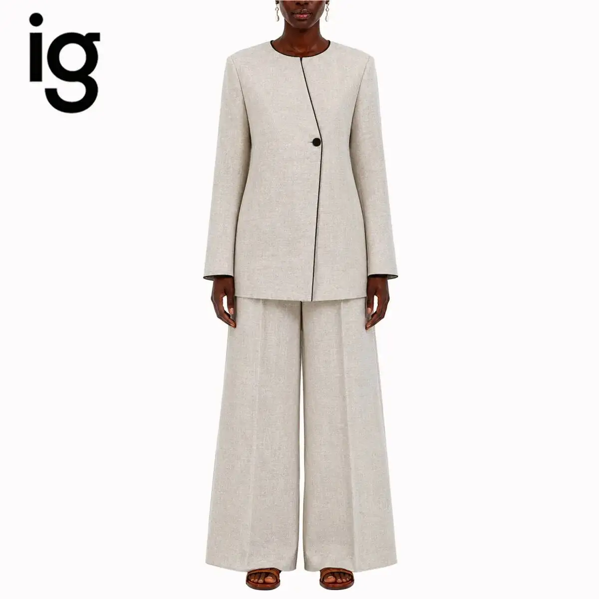 IG Women 2 Piece Linen Suit Round Collar Diagonal Single Button Contrast Piping Jacket Wide Leg Pants Elegant Office Outfit Set